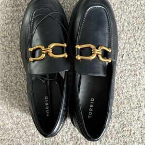 Torrid Black Loafers with Gold Chain Detail
